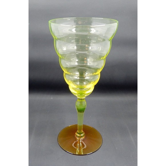 Utility Glass Works Cambodia Ware Vaseline Amber Foot Wine Water Goblet Pair 4 - Picture 11 of 15